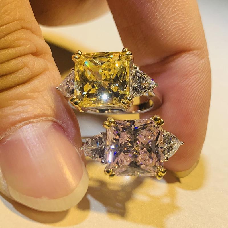 Luoxi Temple S925 Sterling Silver 5 Carat Cushion Cut Yellow Pink Diamond Simulation Ring for Women