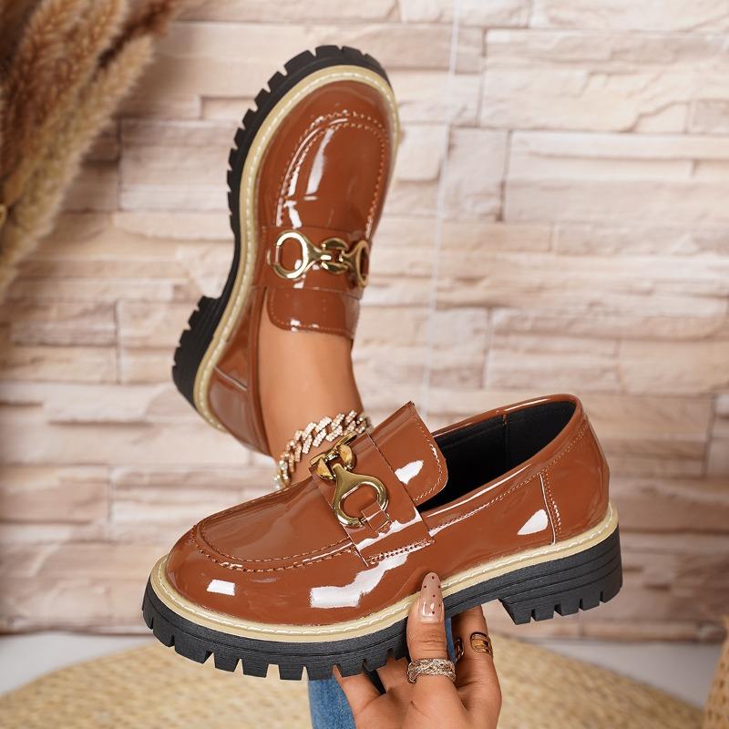 Vintage Metal Chain Platform Low-top Shoes 2025 Autumn New Muffin Plus Size British Style Small Leather Shoes for Women