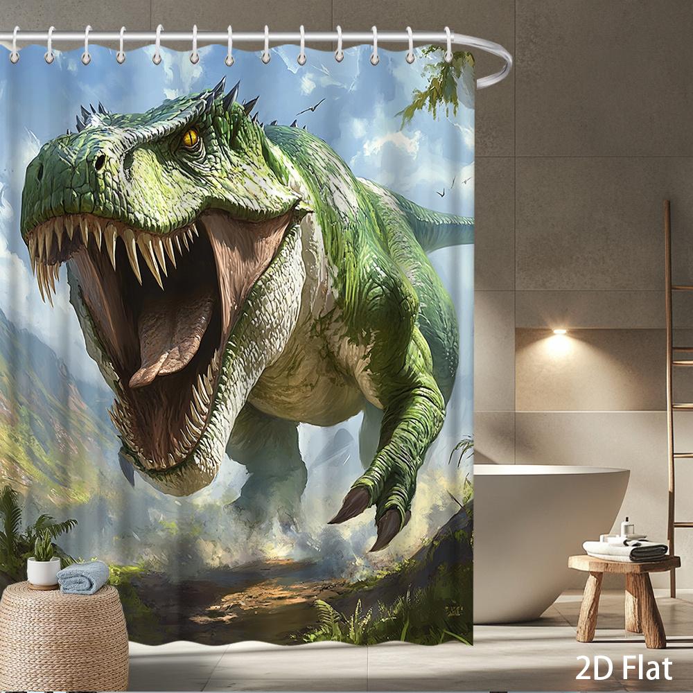 

Dinosaur Shower Curtain – Realistic T-Rex Roaring In Jungle Scene, Waterproof Polyester, Kids’ Bathroom Decor With Hooks W60H190(CM)-1 Pcs