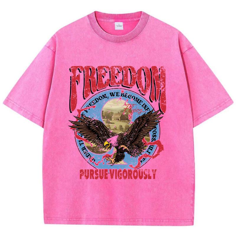 Street Women Washed T-Shirts Freedom Pursue Vigorously Printed Tee Shirts Comfortable Cotton Oversize Tees Summer Clothes