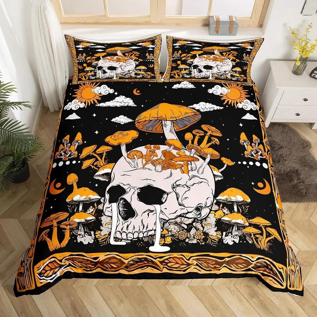 Gotisches Zuckerschädel Knochen Bettwäsche Set Skelett Hand Bettdecke Bezug Rosenblätter Romantische Blumen