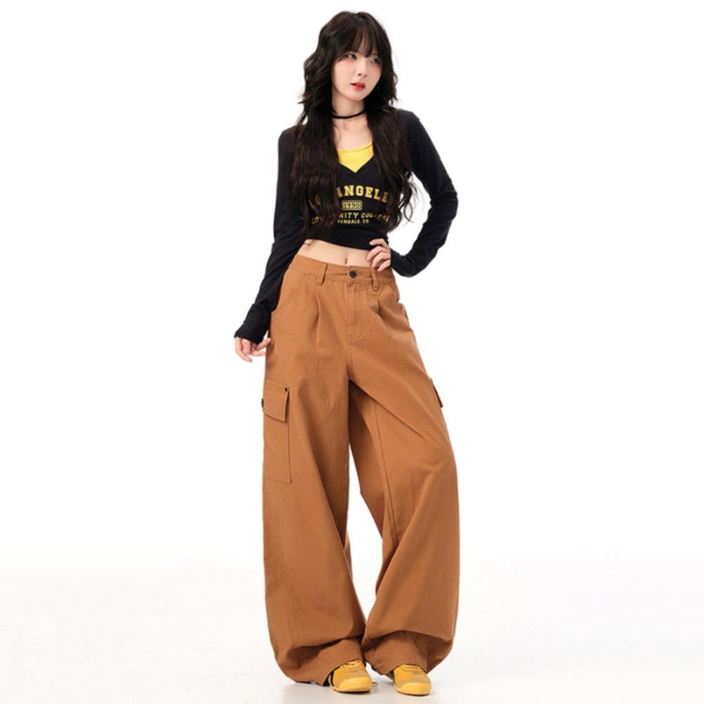 Damen High Waist Cargo-Hose Locker Weiter Bein Lässige Hose Mehrere Taschen Streetwear Baggy Hosen