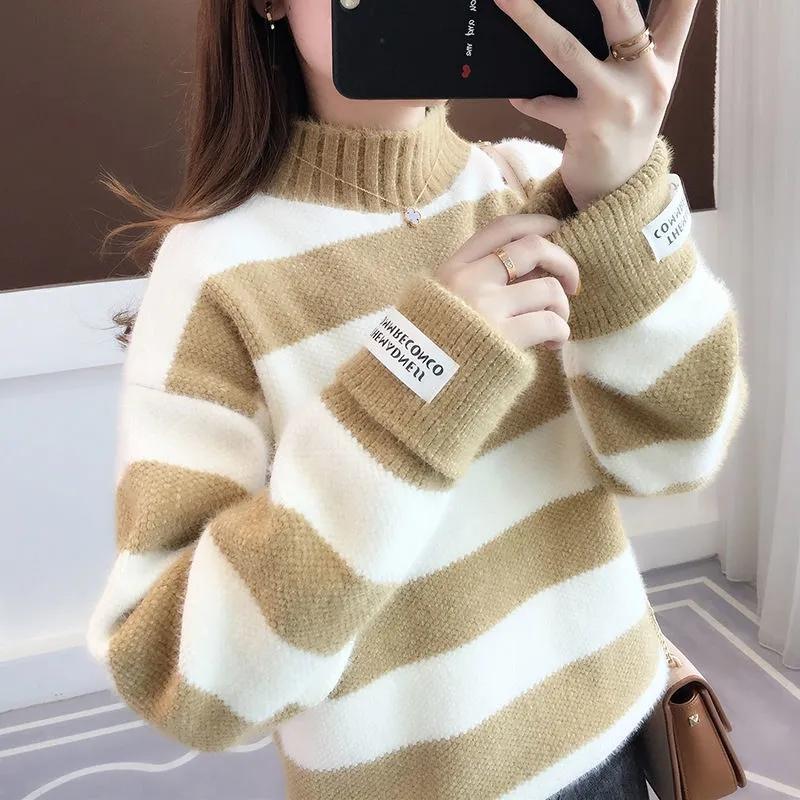 WTEMPO Mink Fleece Half Turtleneck Gensere Dame Høst Vinter Tykke Løse Gensere Stor Størrelse Tilfeldig Bunn Strikkede Overdeler Gensere