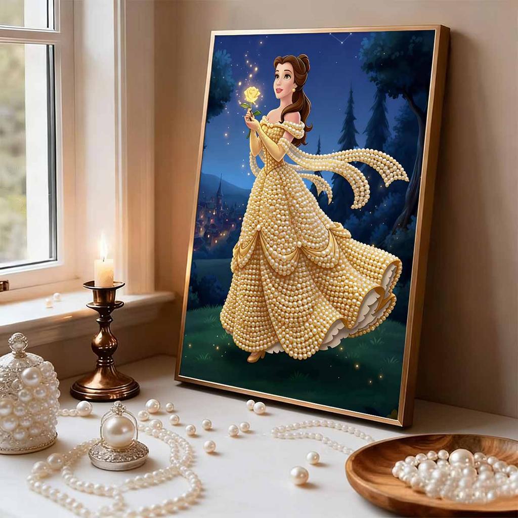 Disney Pearl Painting Belle Gold Dress Rose Creative Art Exquisite Landscape Sparkling Painting Craft Home Wall Decoration DIY Handmade Gift
