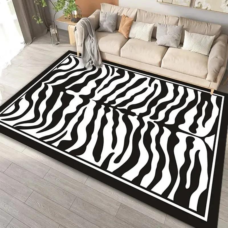 Black White Geometric Rug , Striped Checkered Carpet Soft Non-Slip Doormat , Modern Artistic Floor Mat for Living Room Bedroom