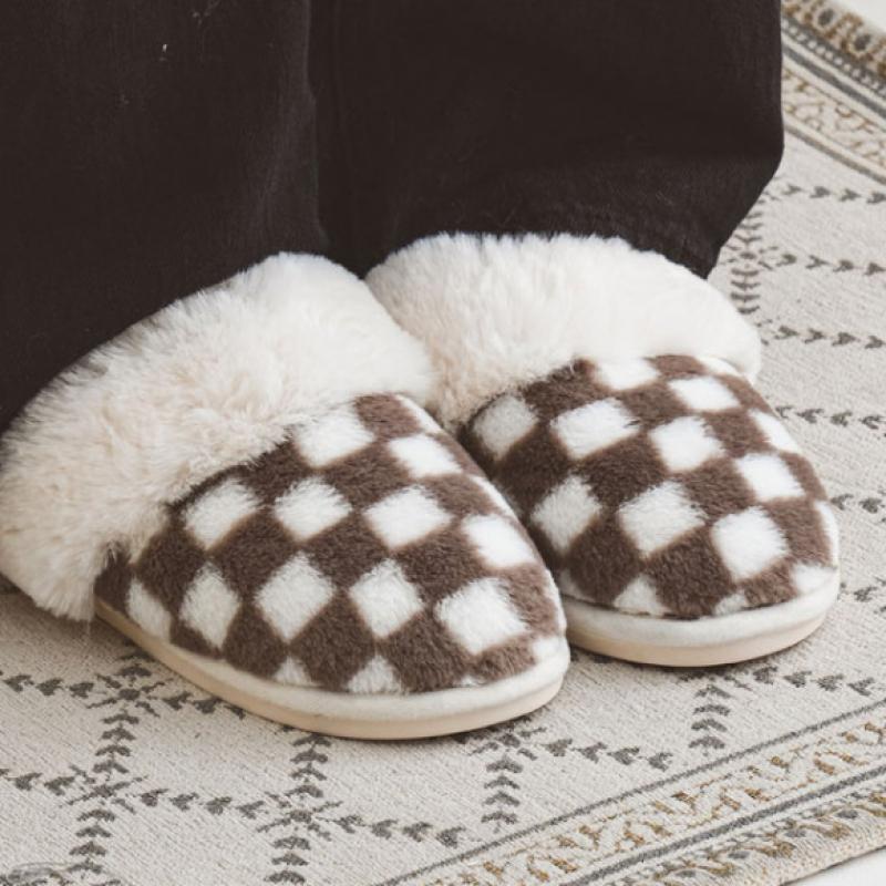 Daiso Block Check Fleece Lining Clogged Living Room Shoes 220 240 Mm Ivory