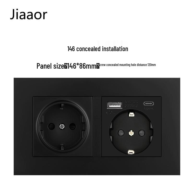 16A Black European Double Gang German-Style Switch & USB/Type-C Socket for Concealed Installation