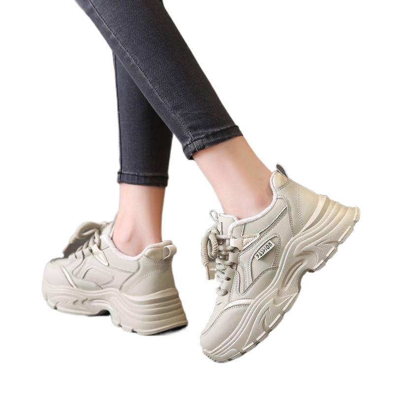 Fleece-Lined Leather Women's Sneakers: Trendy, Lightweight, Height-Boosting Casual Winter Shoes