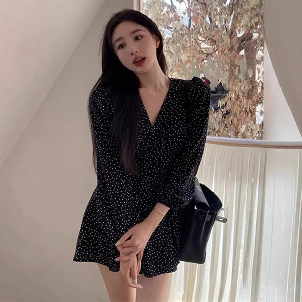 Black polka dot dress dress women's spring French retro gentle seaside vacation style coffee break temperament short skirt