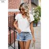 DX~~Summer New Solid Color Double Sleeve V-Neck Loose Short Sleeve T-shirt Top