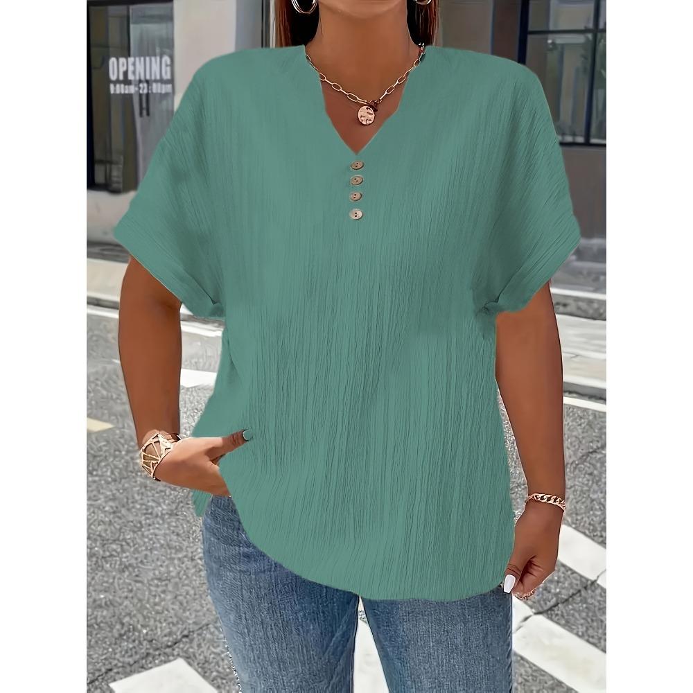 Dámské letní tričko s krátkým rukávem ve větší velikosti, jednobarevné, s knoflíkem, elegantní ležérní tričko