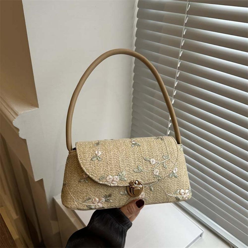 Elegant Beach Straw Hobo Embroidery Handbag Storage Bag Grass Woven Shoulder Bag  Work