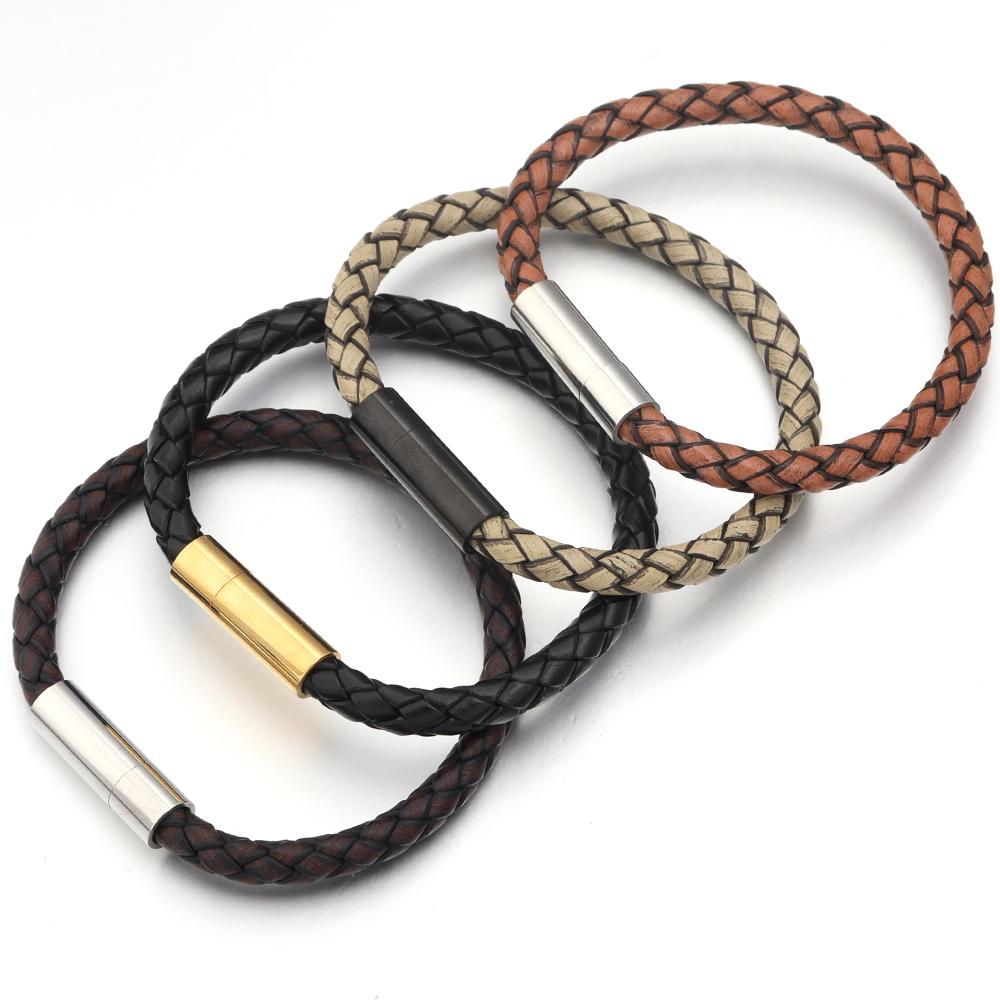 1pc 20cm Simple Design Men's Bracelet Genuine Leather Braided Stainless Steel Magnetic Buckle Bangle For Women Men Jewelry Gifts