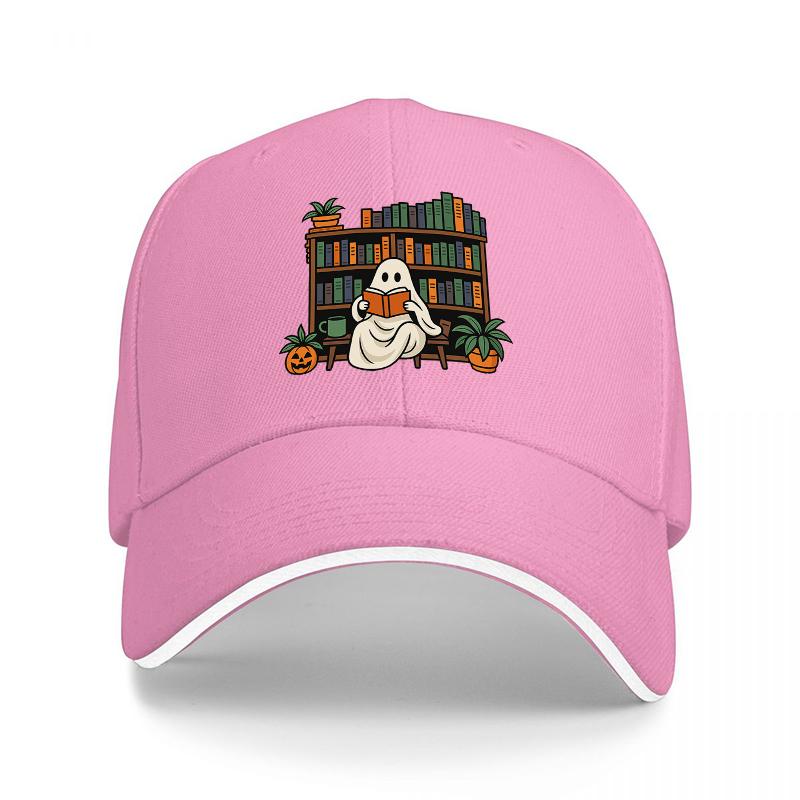 Ghost Reading In Library Bookshelf Halloween Theme Baseball Cap with Pumpkin and Plant Design Black Adjustable Hat for Adults