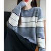 Women's Striped Pure Wool Round Neck Sweater - Autumn/Winter, Thick, Loose Knit, Versatile Base Layer