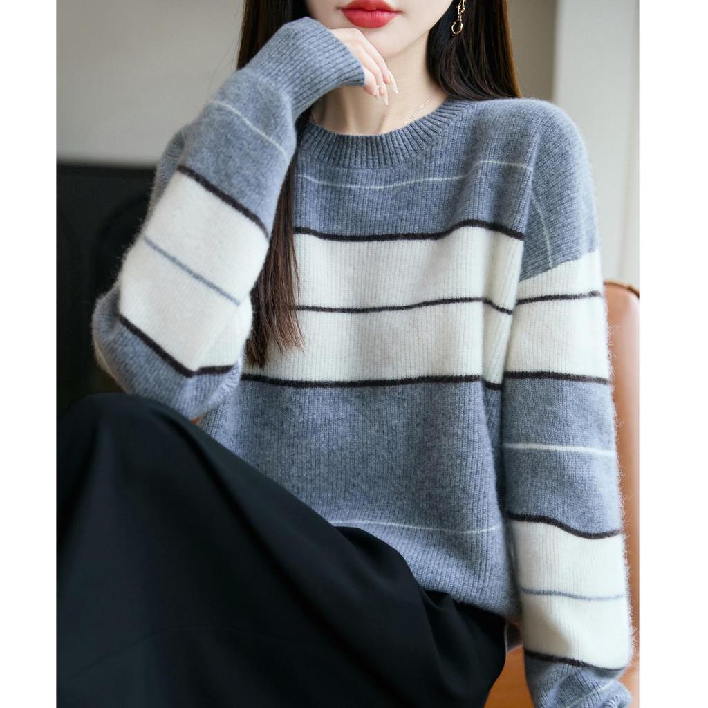 Women's Striped Pure Wool Round Neck Sweater - Autumn/Winter, Thick, Loose Knit, Versatile Base Layer