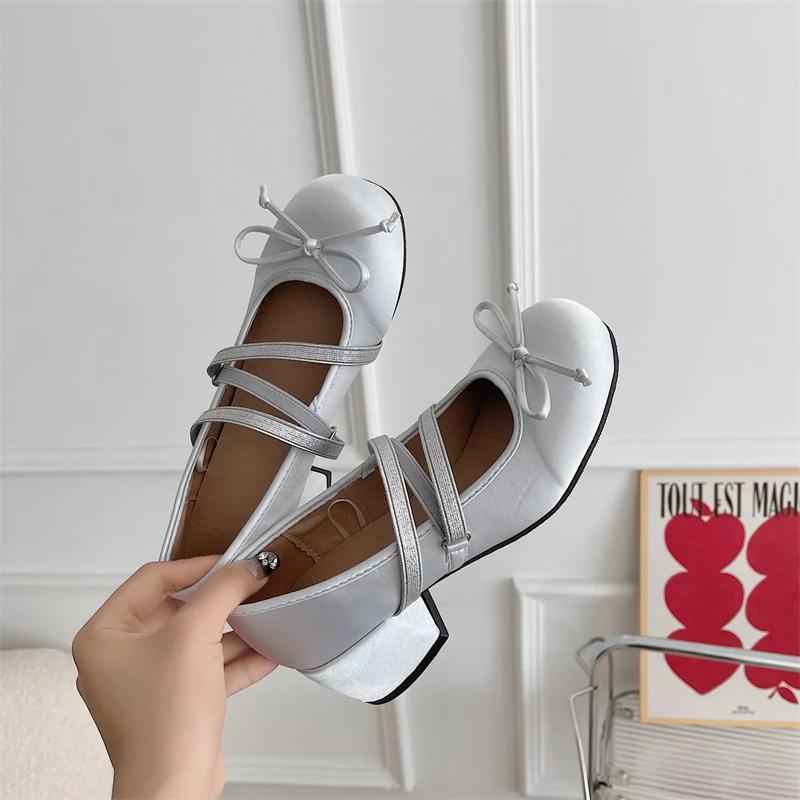 

Cross Strap Women Mary Jane Shoes Fashion Shallow Thick Heel 2025 Spring Autumn Dancing Party Dress Shoes 35 серебряный
