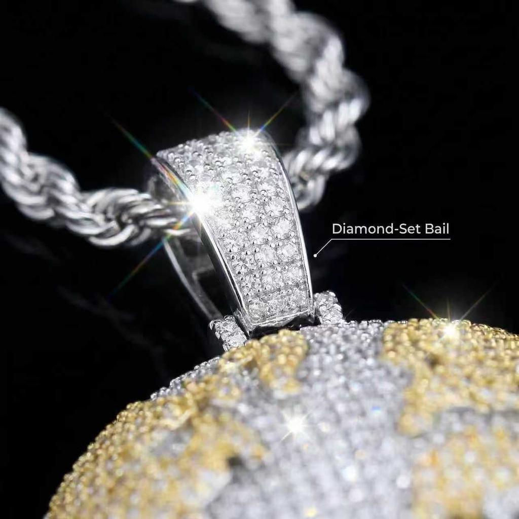 2 Tone Round Brass Pendant Men Hip Hop Necklace Full Bling Cubic Zirconia CZ Fashion Jewelry