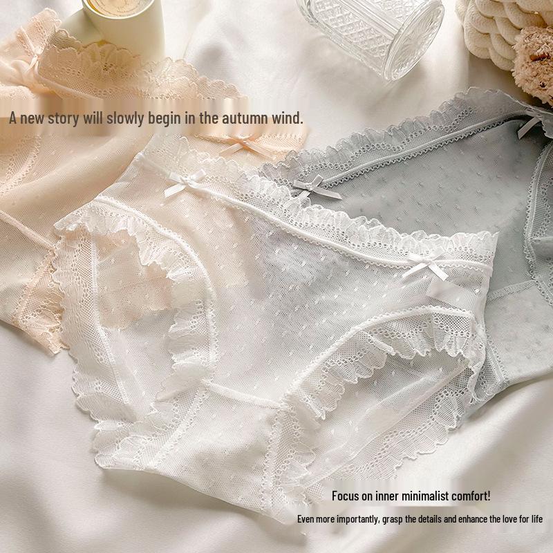 Japanese Girl's Ice Silk Lace Underwear - Lightweight, Breathable, Mid-Waist, Seamless, Cute Triangle Pants with Cotton Crotch.