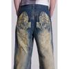 Y2k Vintage Women Jeans Back Wing Printed Rivet Washed Wide Leg Denim Pants Baggy Distressed Casual Trousers Streetwear