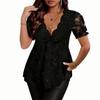 Women's Fashion Casual Lace Trim V Neck Plus Size Short Sleeve Top