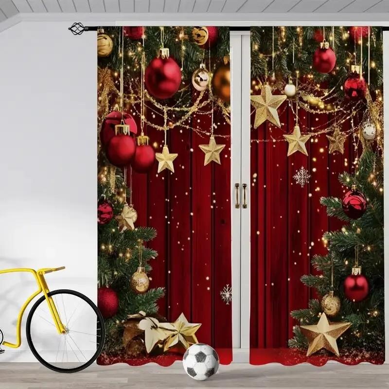 Set Of 2 Jit Festive Starry Curtains Christmas Window Decoration Polyester Home Decor Drapes Curtain Room Darkening Made With Rod Pocket