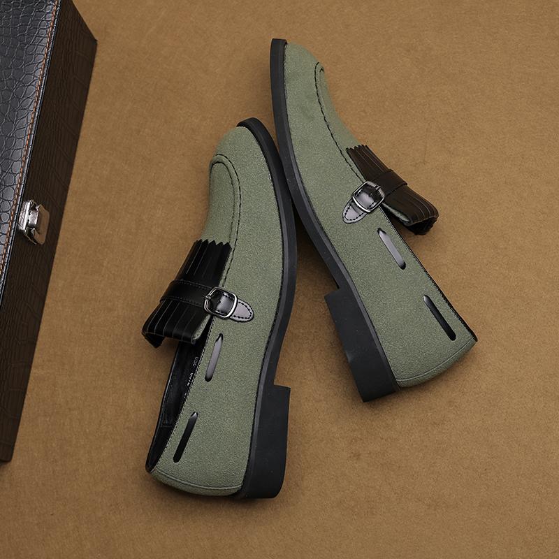 Fashion New Beige Loafers for Men Flock Round Toe Tassels Green Slip-On Dress Shoes Handmade Size 38-48 Mens Shoes