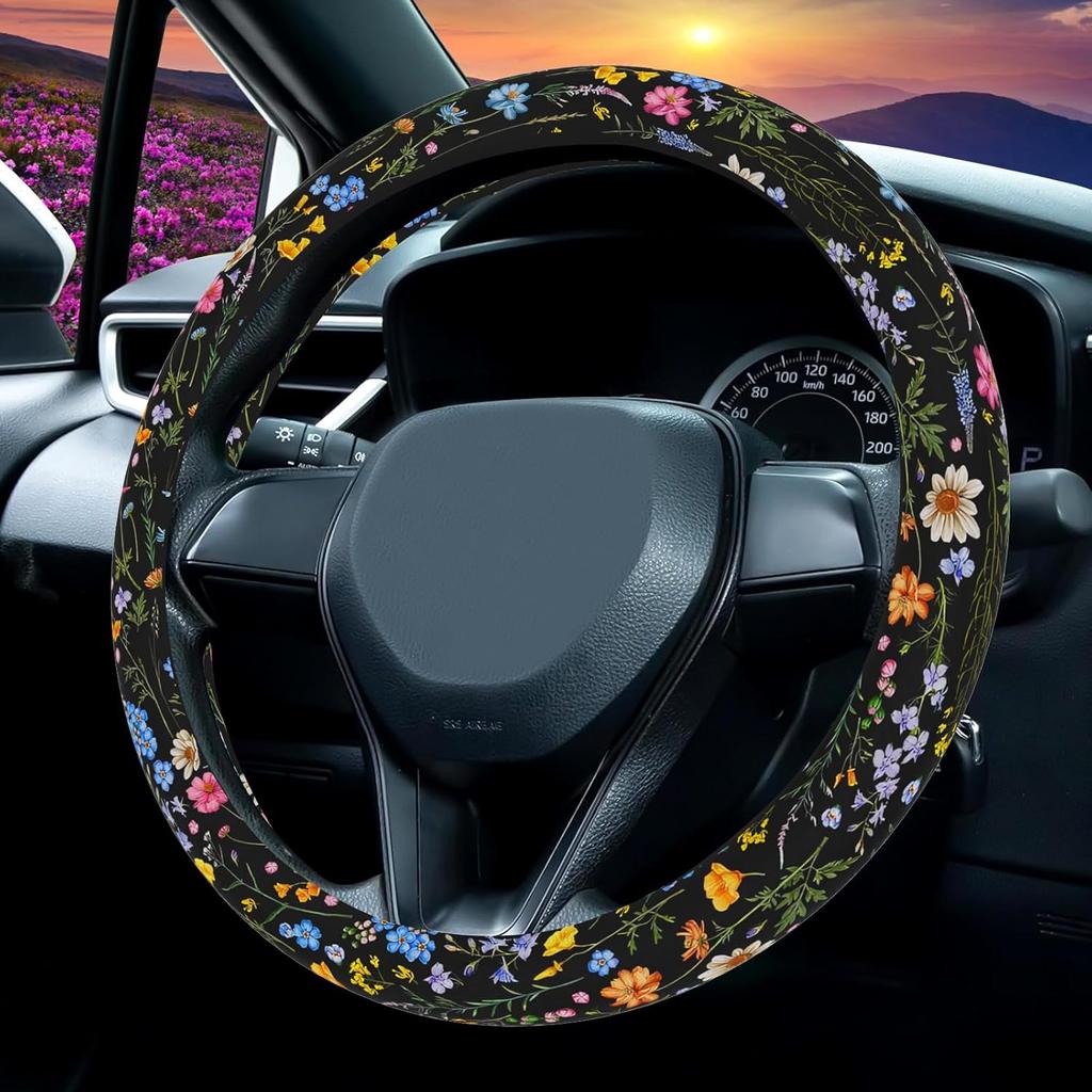 Wildflower Steering Wheel Cover, Flower Car Accessory For Diverse Cars, Steering Wheel Cover Non-Slip Breathable Fabric Absorbing Sweat Universal Car