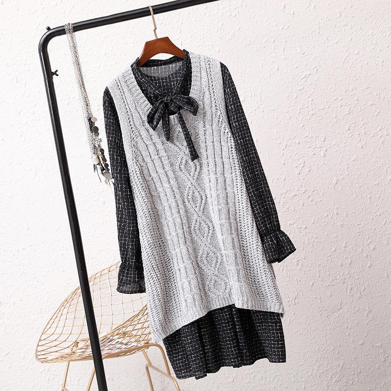 Women's V-Neck Sweater Vest & Knitted Top Set - Mid-Length, Thickened, Korean Style, Sleeveless for Autumn/Winter 2024