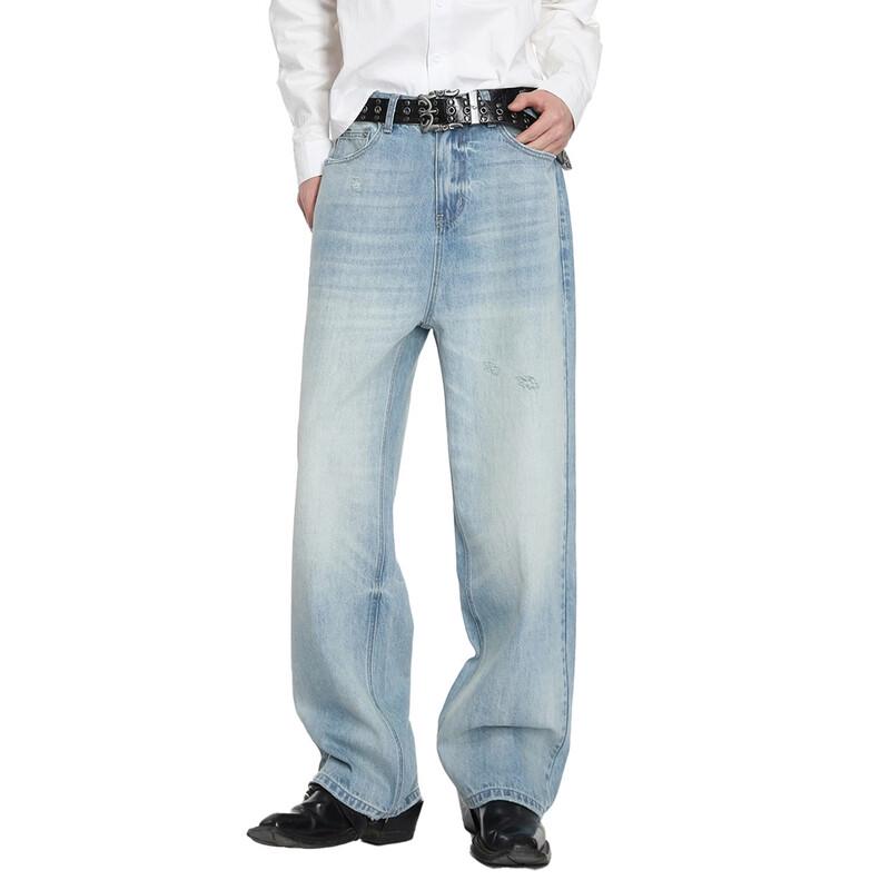 VOGUO RELAY Korean Style Glacier Blue Loose Straight Ripped Jeans XL