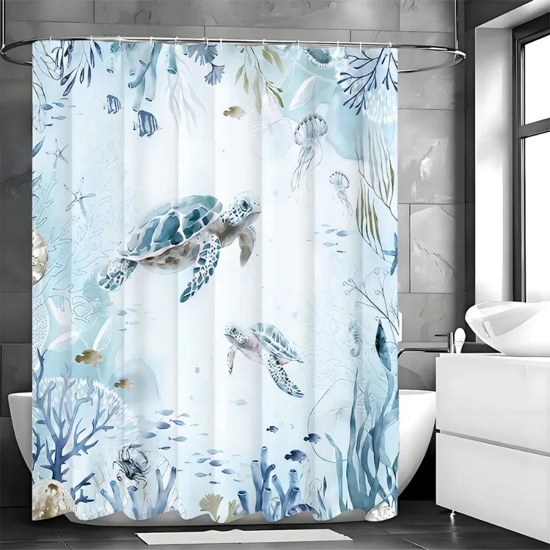 Sea Turtle Shower Curtain, Blue Green Beach Coastal Sea Turtle Starfish Jellyfish Underwater Creatures Bathroom Decorative Showe