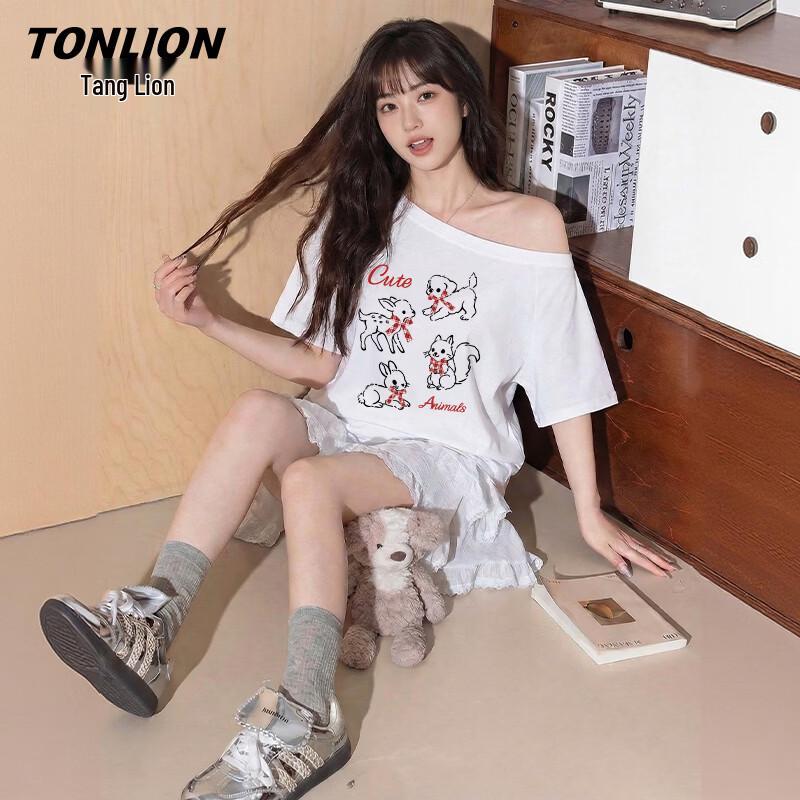 

Женская футболка TonLion с принтом мультфильма, с одним плечом, с коротким рукавом XL