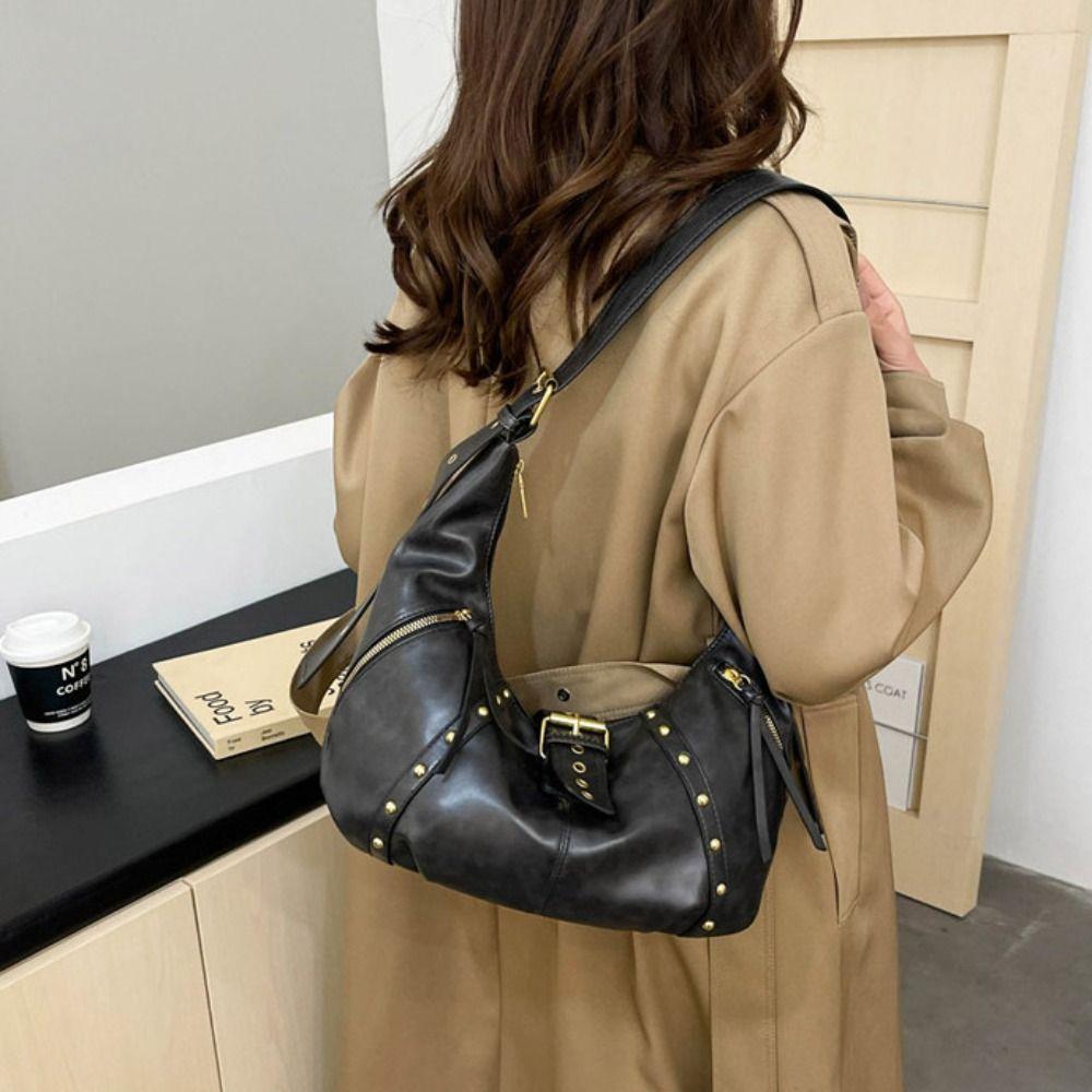 Oil Wax LeatherRetro American Style Locomotive Style Underarm Bag Y2K Shoulder Bag Travel