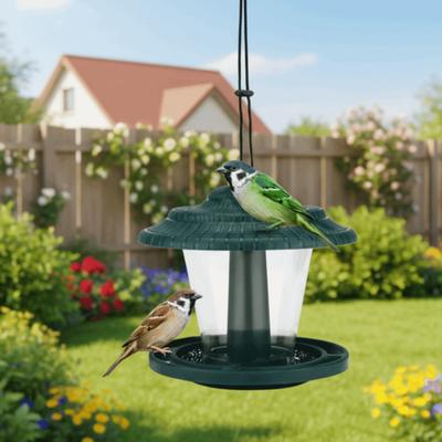 Waterproof Hanging Wild Bird Feeder Large Capacity Durable Bird Food Container with Roof Plastic Bird Food Holder Yard