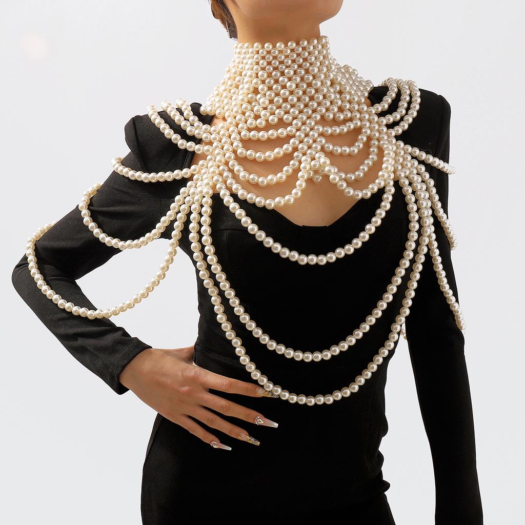 Vintage Multi Layer Pearl Body Chain For Women Heavy Duty Beaded Woven Exaggerated Retro Neck Jewelry