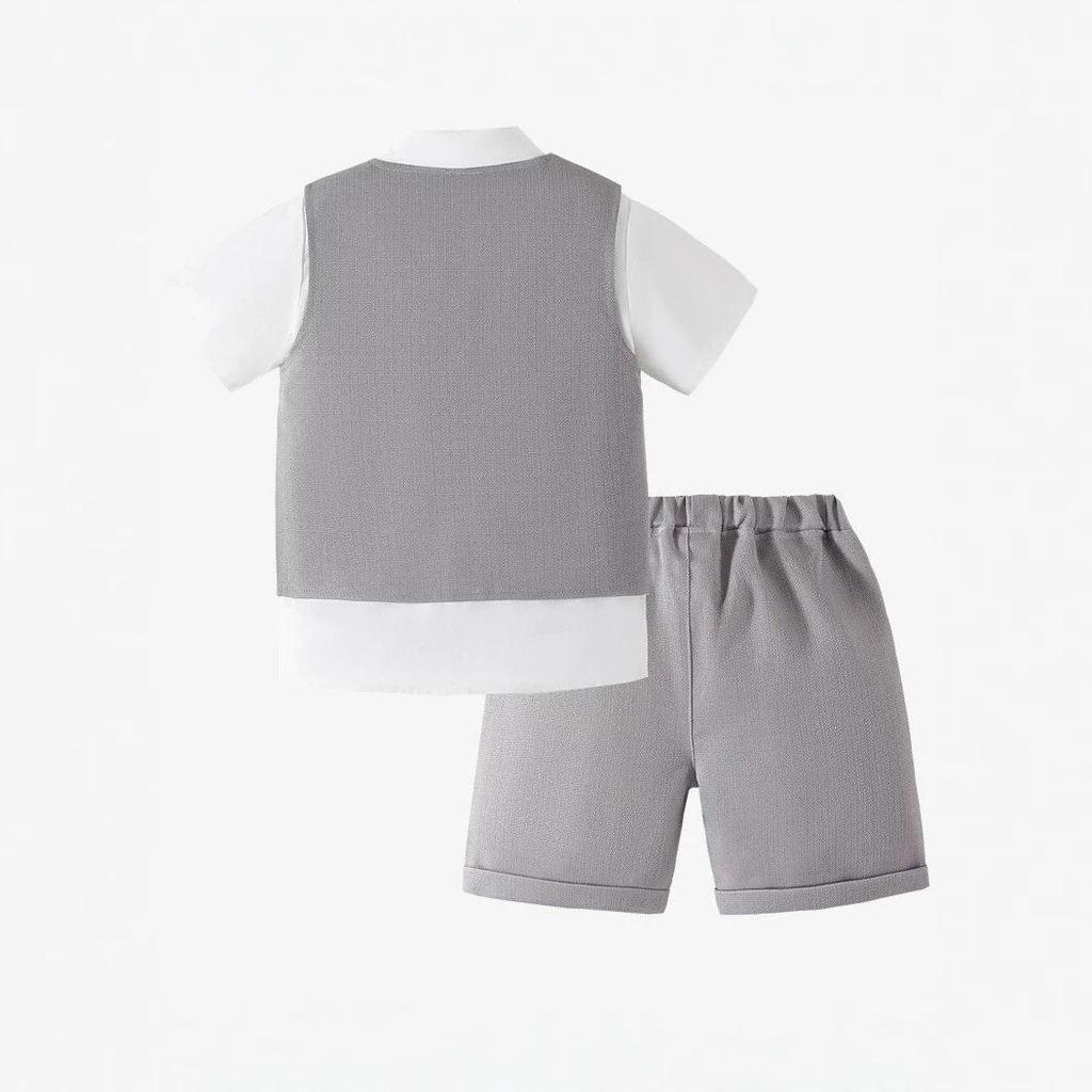 Boys' British Style Summer Formal Three-Piece Set: Short-Sleeve Vest, Shorts, and Bow Tie