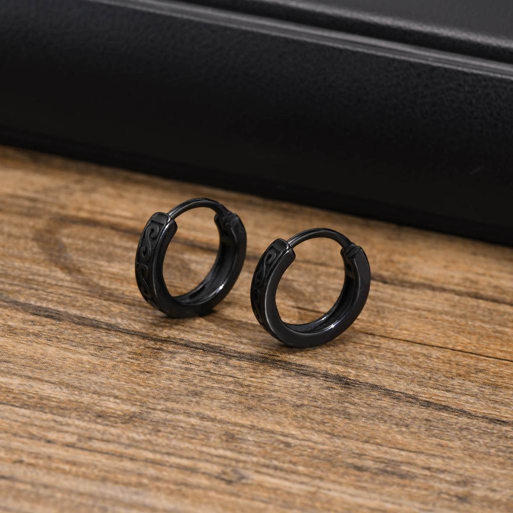 Men Hoop Earrings, New Gothic Black Infinity S Texture Huggies, Small Minimalist Stainless Steel Hoops Ear Gifts for Him Jewelry