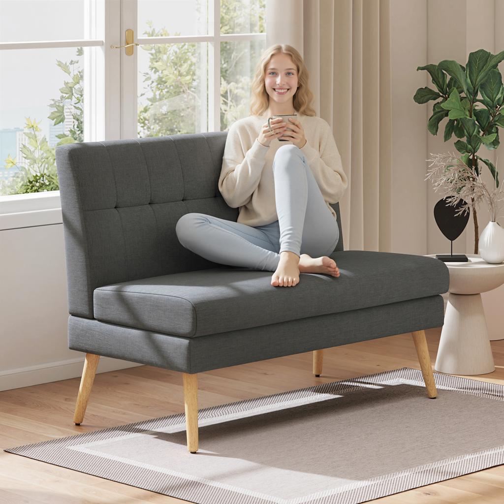 2-Seater Sofa, Tufted Backrest, Wooden Legs, Thick Padding, Linen Look, for Small Spaces, Grey