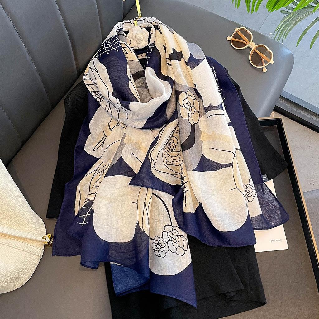 Women Cotton Linen Rose Print Scarf Shawl Hijab Muslim Long Headscarf Scarves Head Wraps Long Female Head Scarf