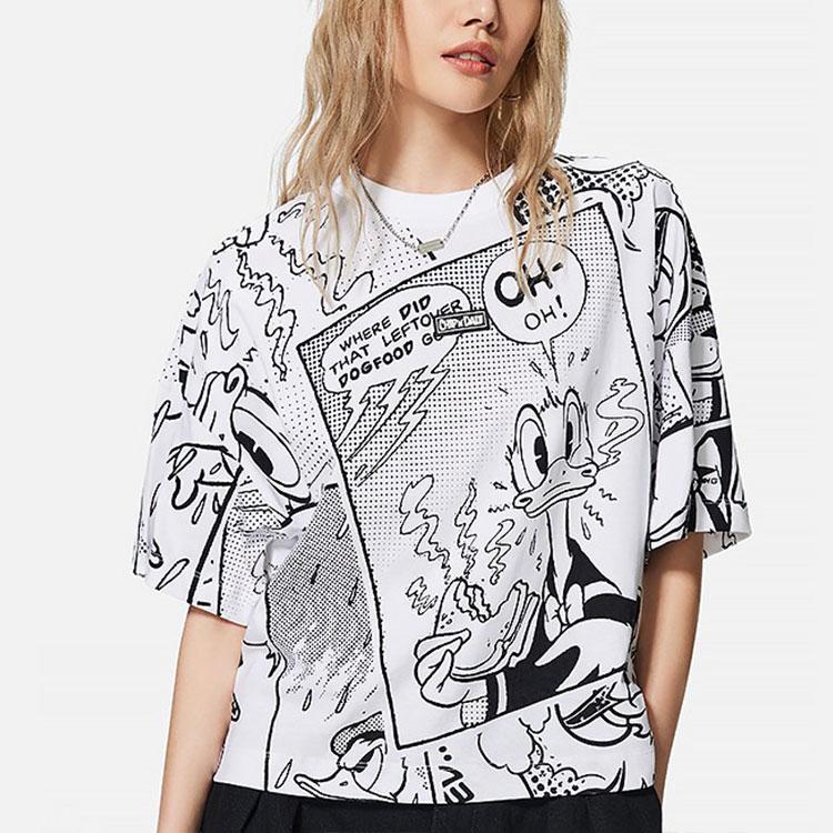 Li Ning X Disney Mickey Series SS22 Cartoon Pattern All Over Print Loose Short Sleeve T-Shirt Women Tops Black White AHSS272-3