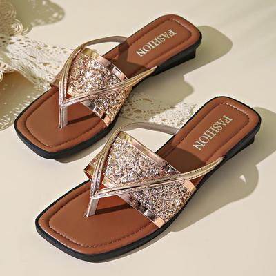 New Style Shiny Gold Sequin Flats Slippers Women Summer Clip Toe Beach Sandals Woman Plus Size 35-43 Non Slip Outdoor Flip Flops