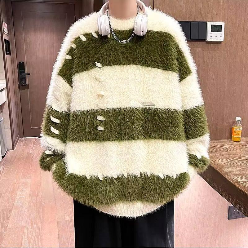 Полосатый свитер мужской и женский осенне-зимняя мода ленивый стиль свободный дизайн sense нишевый пушистый топ M