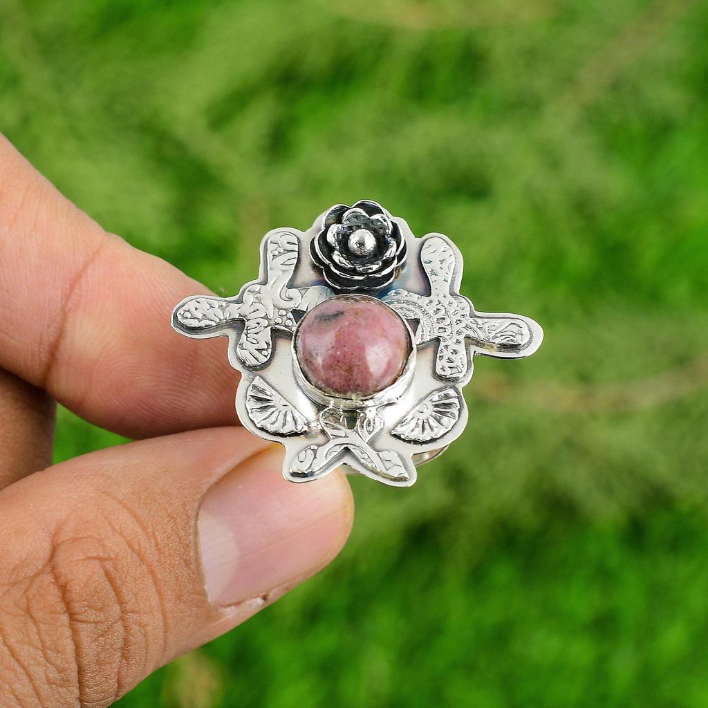 Round Rhodonite Gemstone 925 Silver Bezel Statement Flower Birthday Ring Jewelry