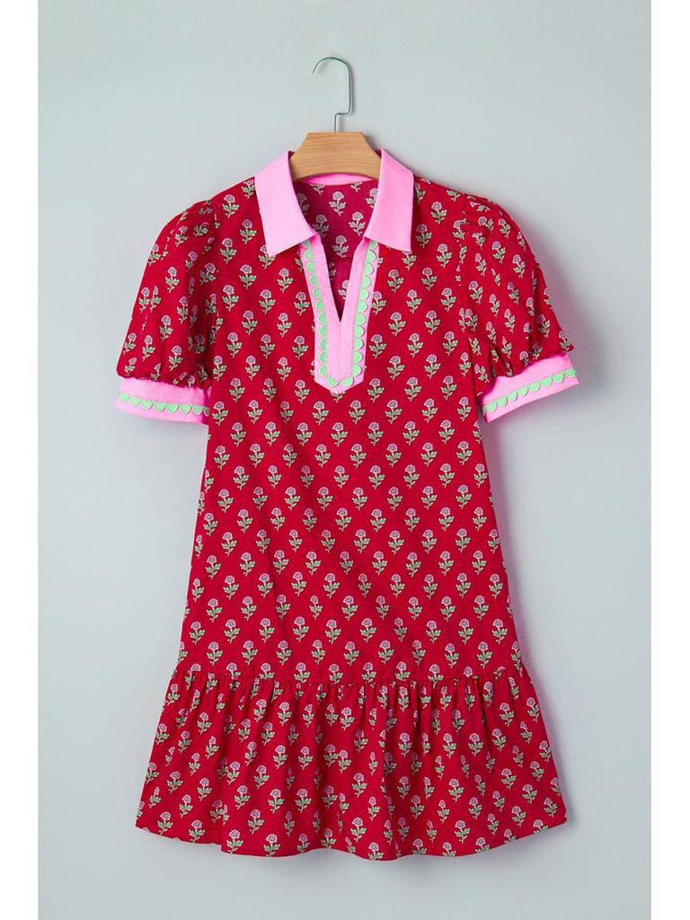 2026 Floral Print Lapel Pullover & Short Skirt - Women's Sweet European American Style, High Waist Summer Dress