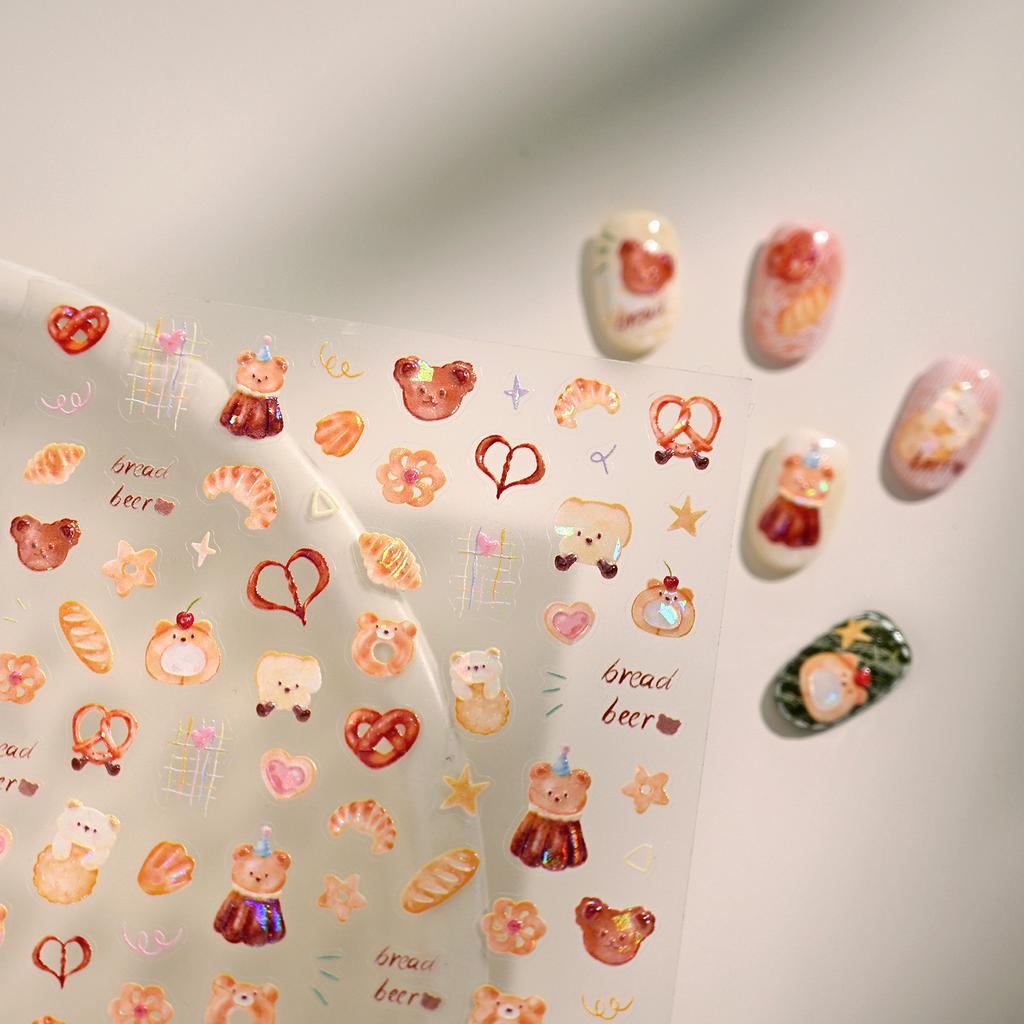 Cartoon Cute Bear Pudding Pretzel Bread Croissant Cookies Shiny 3D Self Adhesive Nail Art Stickers Bakery Lovely Manicure Decals
