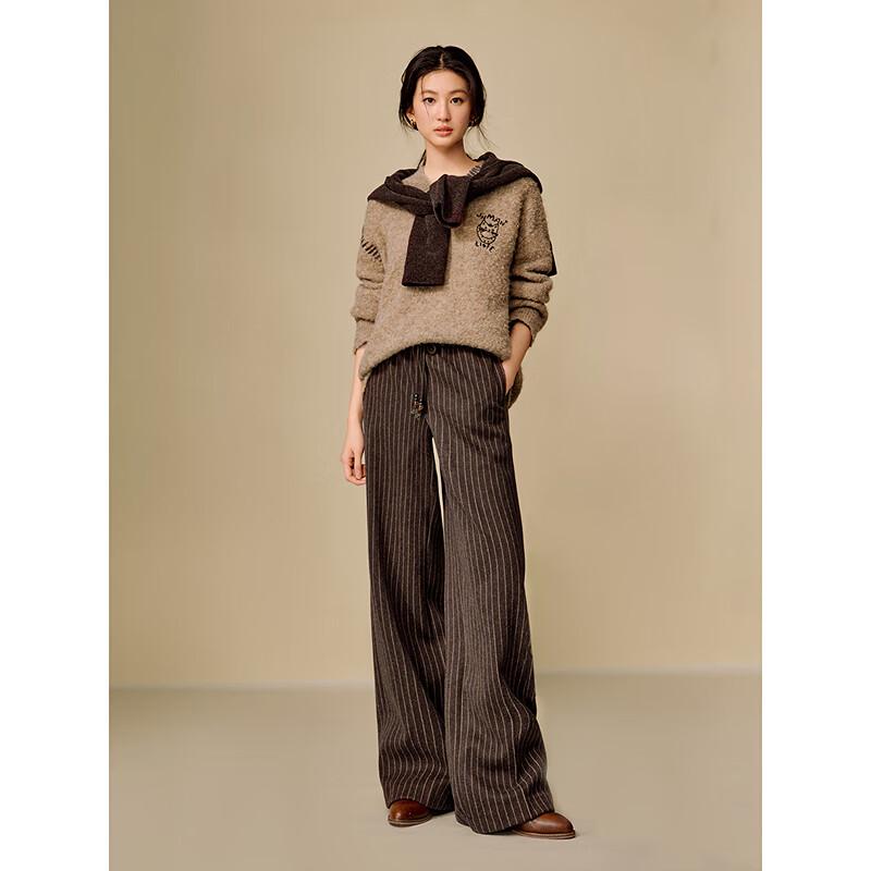 INMAN Women's Wool Blend Embroidered V-Neck Drop-Shoulder Sweater