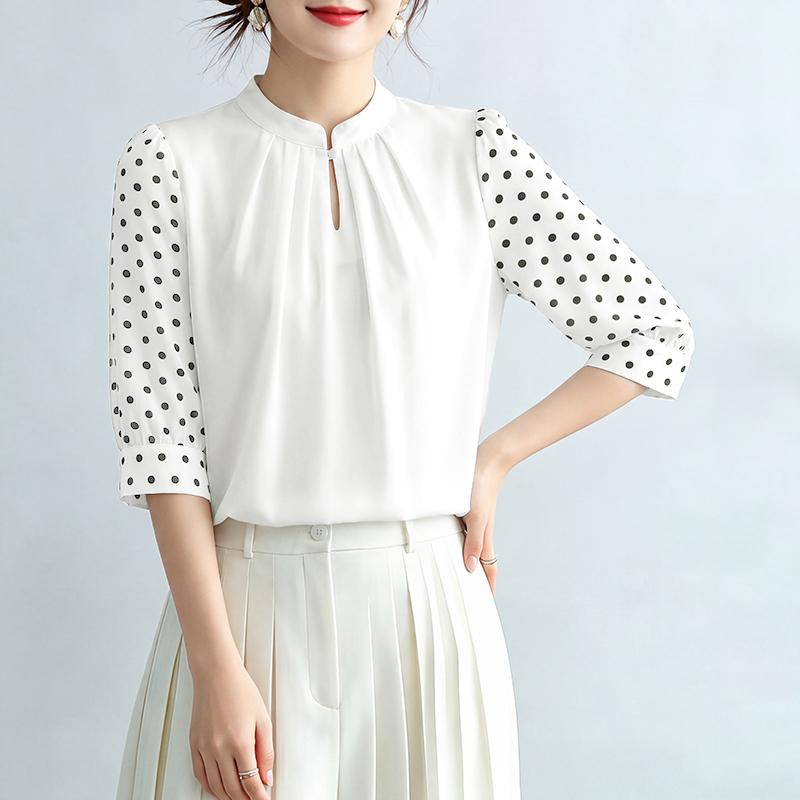 ZANZEA Women Casual Polka Dot Print Splice 3/4 Sleeve Loose Crew Neck Blouse