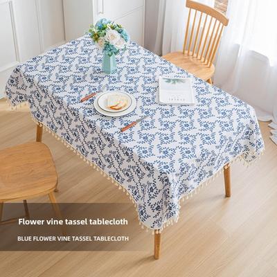 Printed Tablecloth Imitation Cotton and Linen Fringed Lace Tablecloth Flower Vine Rectangular Background Cloth