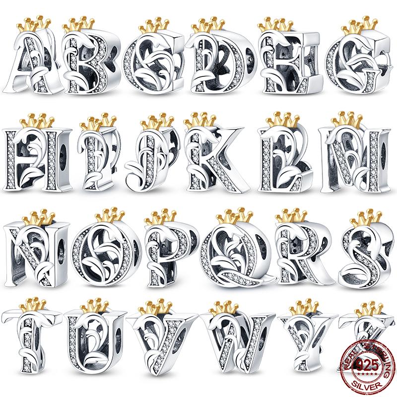 26 Alphabet Charms Beads Copper Letters Rose Gold Plated Crown Charm Fit 3Mm Bracelet Diy Women Jewelry