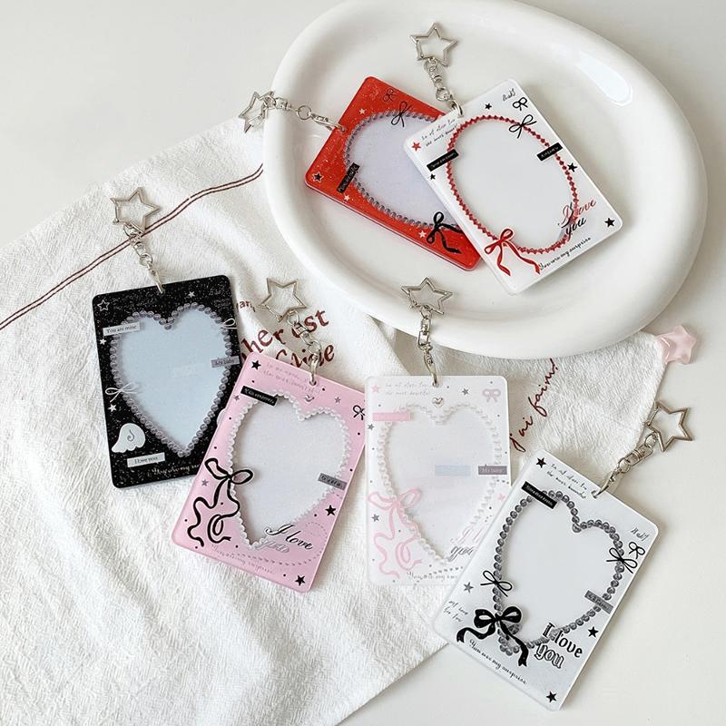 Cute Heart Bow Photocard Holder with Star Keychain Lace Frame Transparent ID Card Protector for Teen Girls Gift Card Display